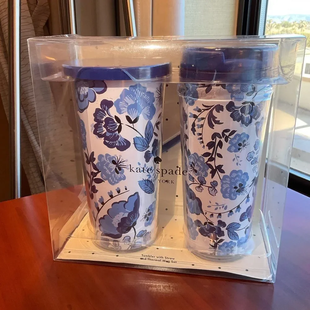 Kate Spade Peacock Floral Tumbler‎ w/Straw & Thermal Mug